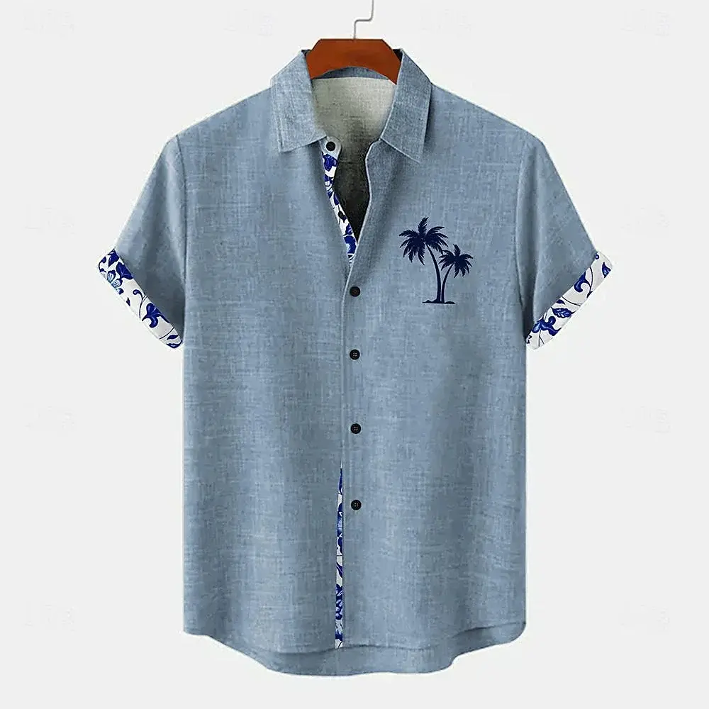 Men's Summer Casual Fashion 3D Printed Retro Hawaiian Short sleeved Beach Shirt with Coconut Tree Button Large Comfortable Shirt Menswear Top