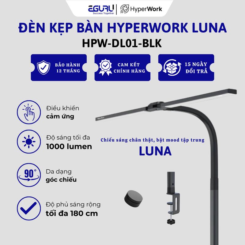 [KOL] Đèn kẹp bàn LED HyperWork Luna - HPW DL01 | Hàng chính hãng | Bảo Hành 12 tháng - Công suất 24W - Nhiệt độ màu 2700K - 6500K - 5 Cấp độ sáng - Độ sáng tối đa 1000 Lumen - Tùy chỉnh linh động - Núm xoay chỉnh không dây xa 3m