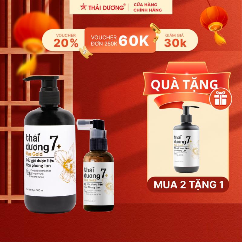 [Live - Mua 2 tặng 1] 01 Dầu gội Dược liệu Thái Dương 7 Plus Gold (Chai 500ml, Hoa phong lan) + 01 Xịt tóc dược liệu Thái Dương 7plus gold (chai 60ml) TẶNG sữa tắm/dầu gội/Dầu xả 7 plus GOLD (Hộp 01 chai x 250ml HOẶC 200ML Hoa Phong Lan) - Sao Thái Dương