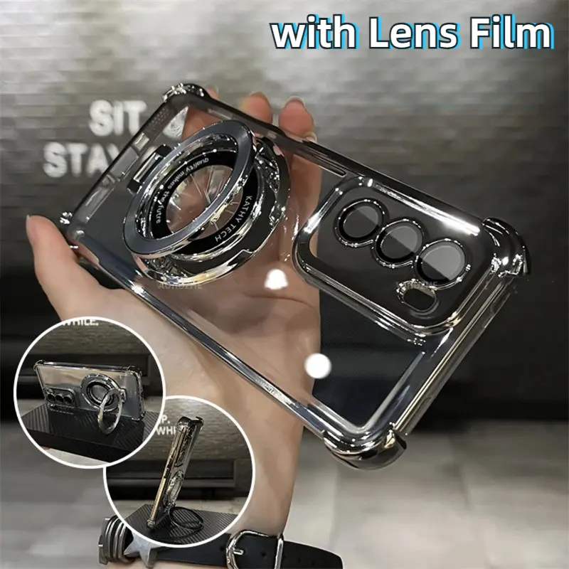 Magnetic Bracket Stand Transparent Case OPPO Reno12 Reno 12 Pro 5G Four Corner Anti Fall Airbag shockproof With Camera Lens Film Phone Casing Cover