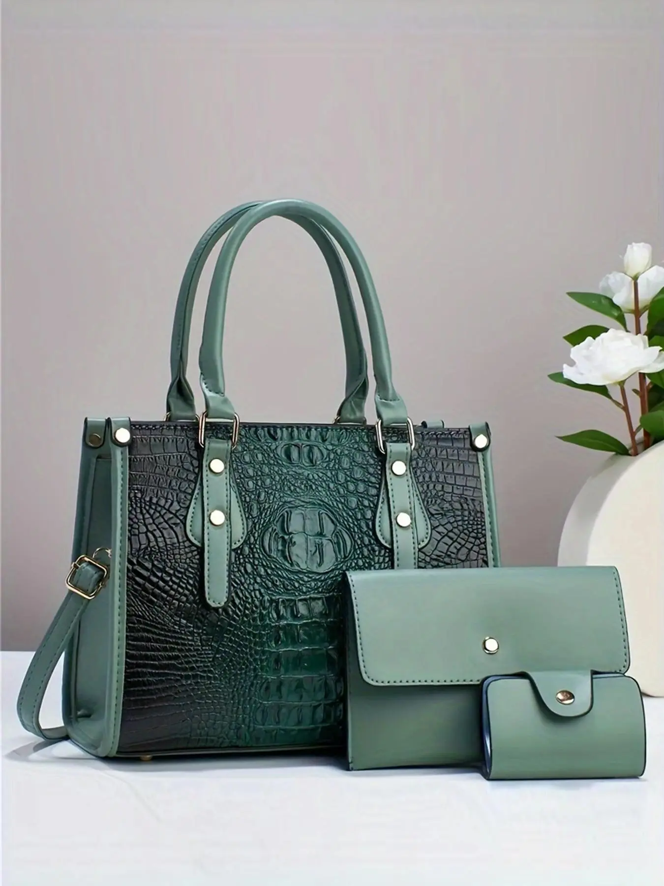 Women's Fashion Shoulder Bag Set, Including Random Crocodile Pattern Tote Bag, Flap Square Simple Casual Matching Solid Bag Set for Women