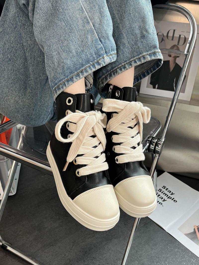 Product Introduction of Fashionable Colorblock High Top Lace Up Sneakers, Casual Comfortable Round Toe Shoes for Daily Wear, Female All-match Shoes for Daily Wear 4