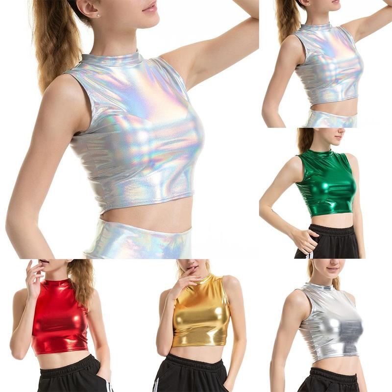Áo Crop Top Giả Da, Dành Cho Nữ, Lấp Lánh, Phong Cách Wetlook, Cổ Lừa, Thích Hợp Cho Trang Phục Khiêu Vũ Và Trang Phục Câu Lạc Bộ, Áo Ba Lỗ Women 5