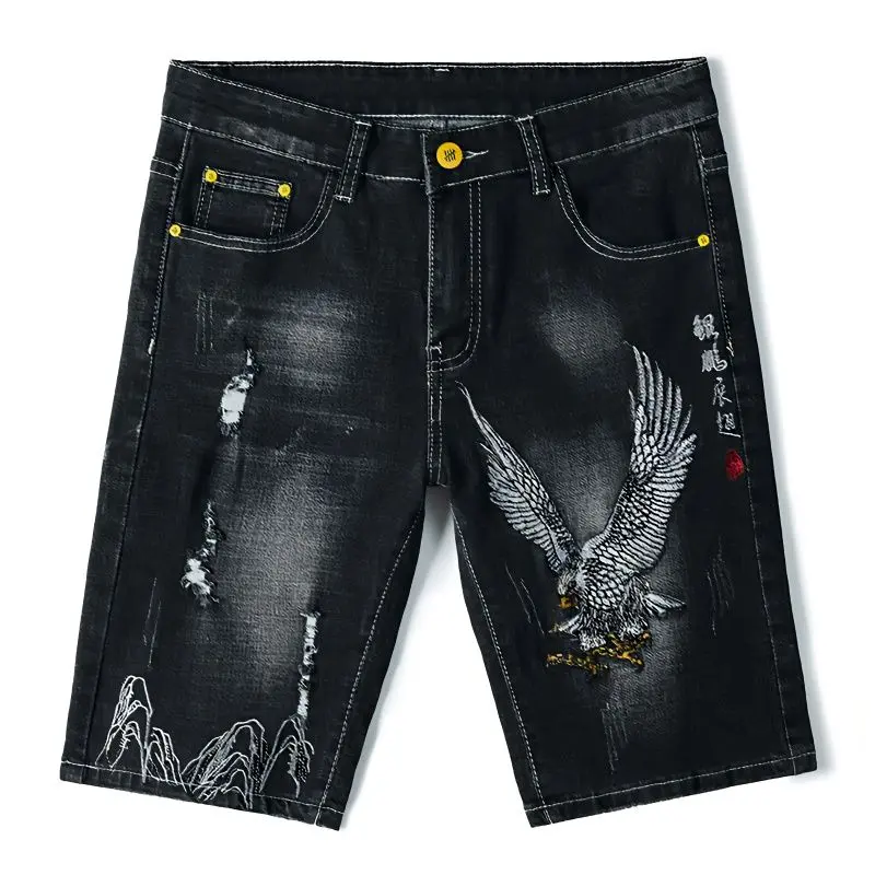 áo hoodie zip Quần short jean nam mùa hè, rộng rãi, đàn hồi, thêu đại bàng, thời trang Trung Quốc, lỗ, quần short cướp biển mỏng, quần Thương Hiệu Thời Trang dài đến đầu gối đồ pijama nam