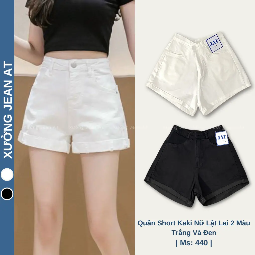 Quần Short Kaki Nữ Lật Lai Lưng Cao 2 Màu Trắng Và Đen - 440