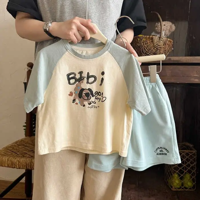 Áo Thun Raglan Hoạt Hình, Cho Bé Trai, ngắn Tay, Mỏng Và Thường Ngày, Quần Đùi Trẻ Em, Dáng Rộng, Thích Hợp Cho Thể Thao, Bộ Đồ Hai Mảnh, Thời Trang 1