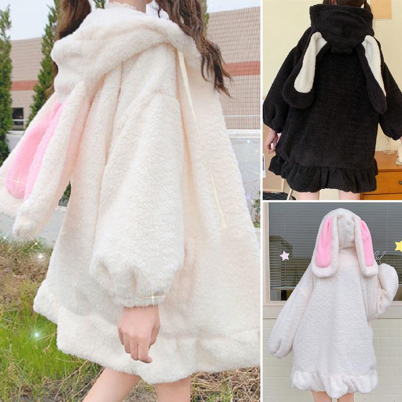 Mieeuo-Áo Hoodie Tai Thỏ Có Mũ Cho Nữ Áo Khoác Sang Trọng Có Khóa Kéo Lolita Cổ Tay Co Giãn Áo Nỉ Áo Khoác Mua Sắm Mùa Thu Đông Nhung
