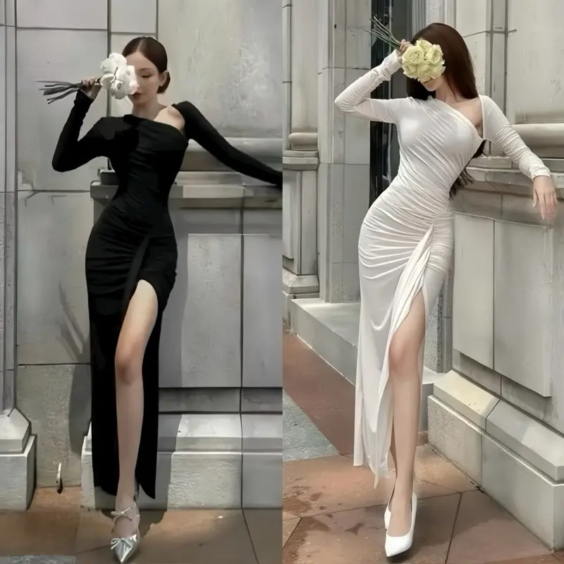 V159 - Đầm Body Tay Dài Lệch Vai Nhúng Eo Hoa  Chất Thun Mịn 0