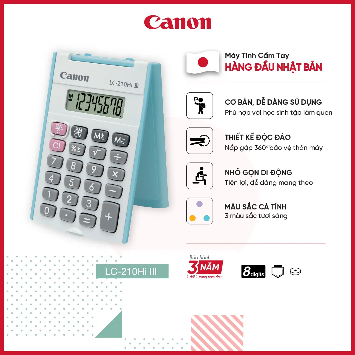 Máy Tính Cầm Tay Canon LC-210HI III | Màu Sắc Sống Động | Nắp Nhựa Gập 360 Độ | Tiện Lợi Bỏ Túi Khi Di Chuyển maytinh chinhhang math calculators digital