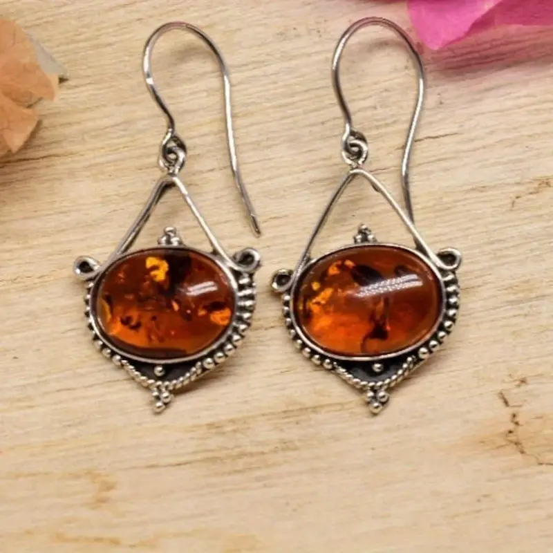 Vintage Bohemian Style Zinc Alloy Amber Stone Drop Earrings - Perfect for Anniversary & Birthday Gifts, Party and Evening Accessory 3