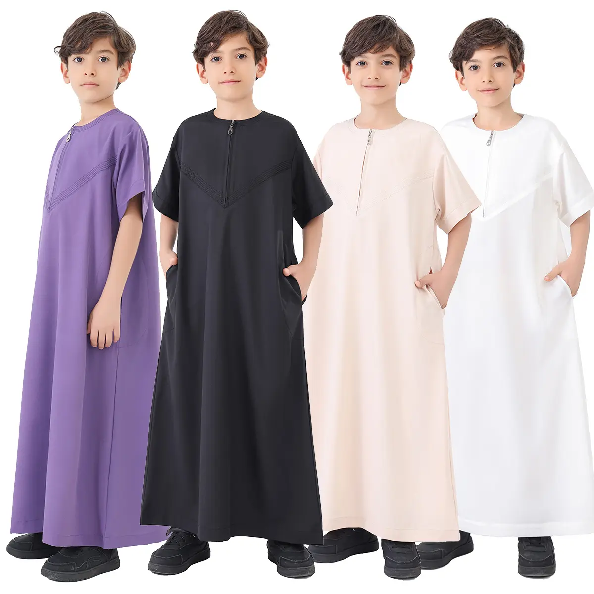 Muslim Boy Robes Islamic Middle East Saudi Arabia Solid Color Long Sleeve Pockets Abaya