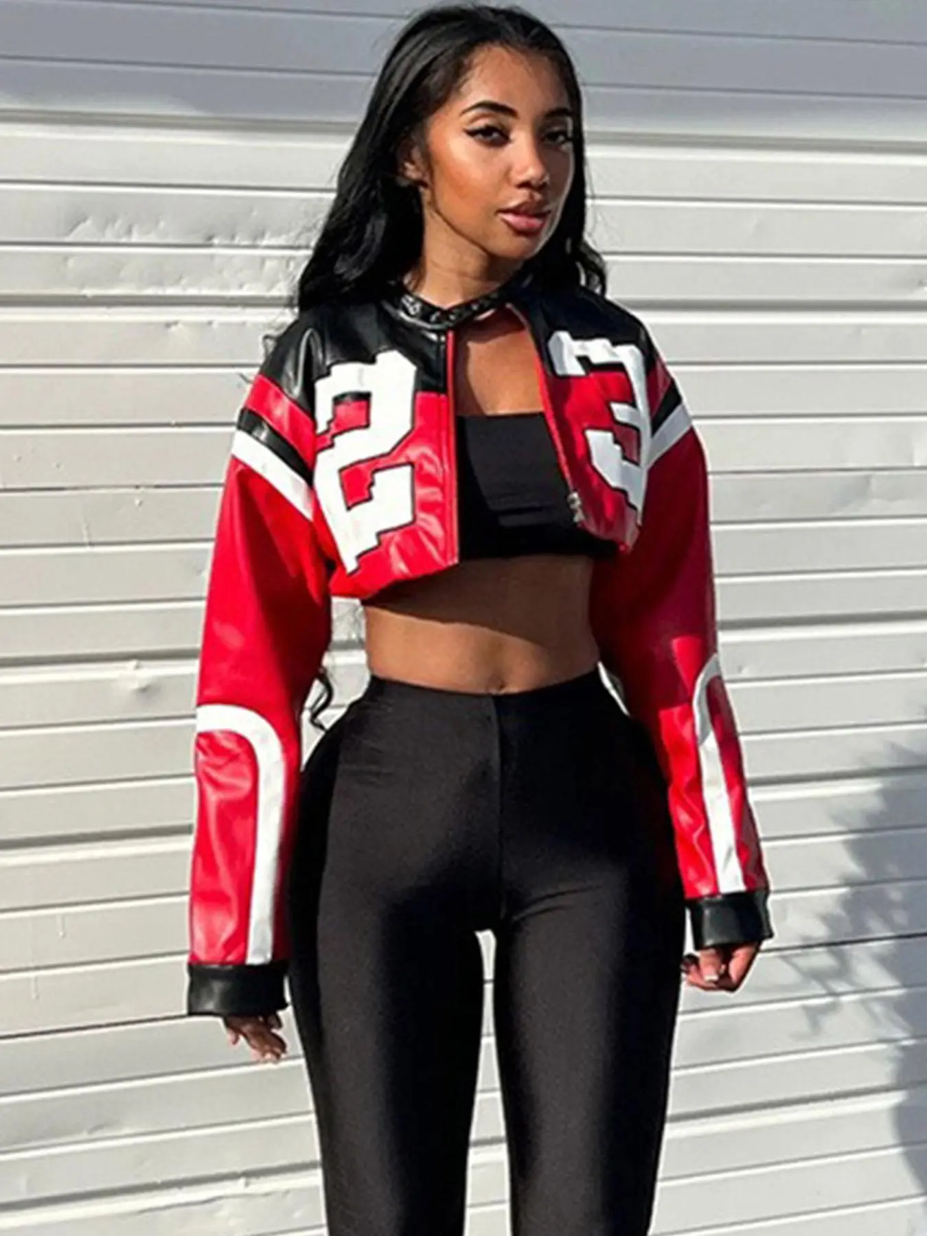 Women's Colorblock Number 23 Zip Up Crop Jacket, Street Fashion Long Sleeve Drop Shoulder Outerwear for Daily Wear, Ladies Fall & Winter Clothes Valentine's Day, gift