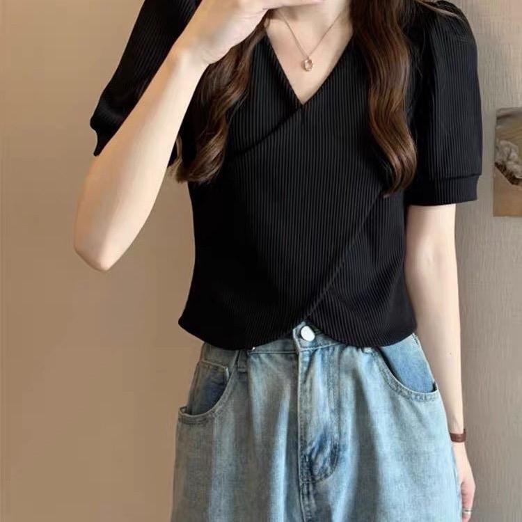 Áo thun vạt chéo bigsize chất Thun Gân Tay ngắn Bồng Lên form Tôn Dáng Cực Dễ Thương G36