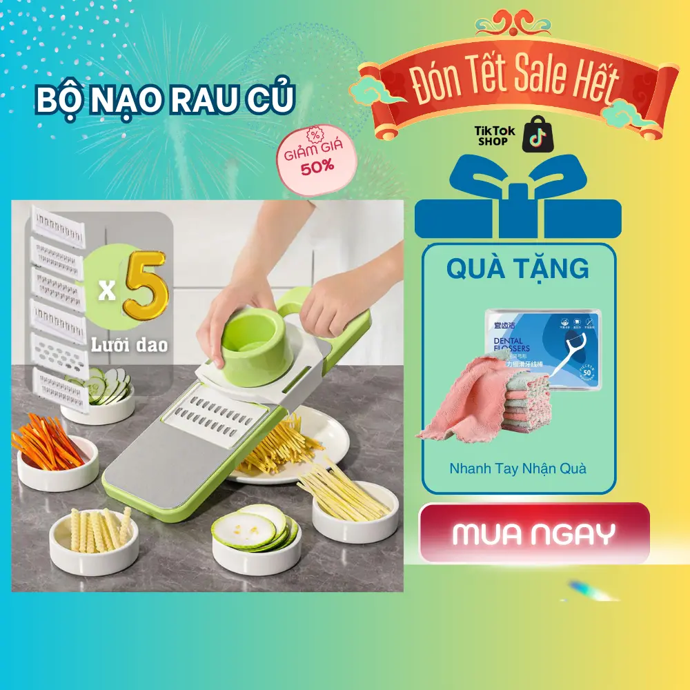 Bộ Nạo Rau Củ Quả 6 Món Đa Năng 5 Lưỡi Không Gỉ, Bào Rau Củ Đa Năng Thái Lát, Bào Sợi