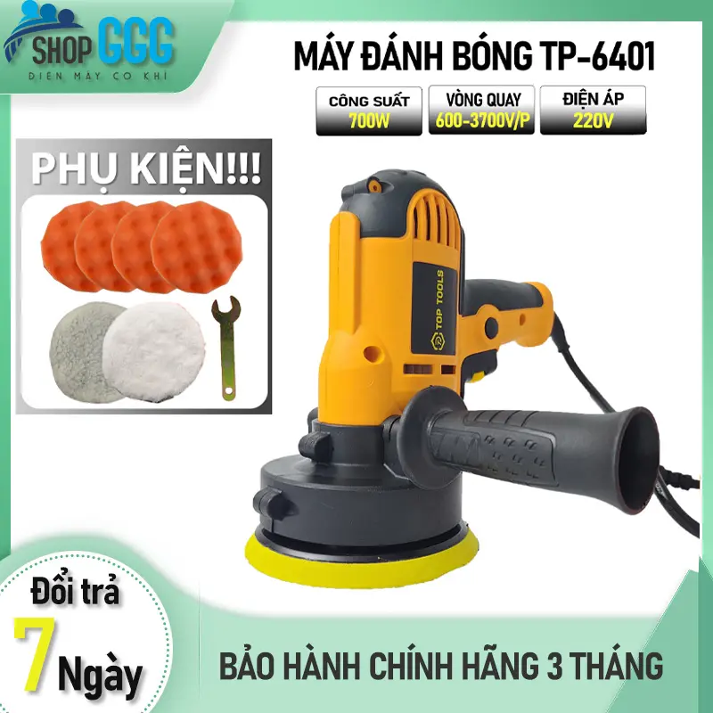 {Chính hãng} Máy đánh bóng Toptools / Model TP-6401 - Công suất 700w / Đánh bóng ô tô, chà nhám.../ Tặng 4 mút sóng, 1 bông lau mịn, 1 bông xù.... Phụ Kiện máy  đánh