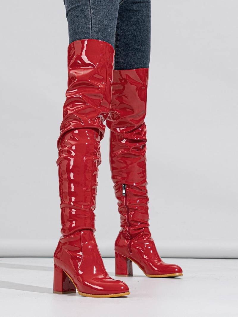 Product Introduction of Women's 2023 New Fashion Pu Over-the-knee High Heeled Boots, Elegant Plain Side Zipper Design Boots, European and American Style Pointed Toe Slouchy Boots for Parties and Evenings 8
