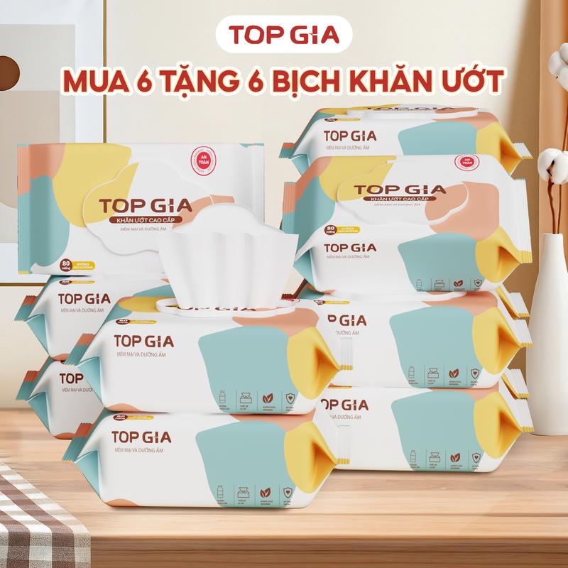   LIVE  Combo 12 bịch Khăn ướt cao cấp 80 tờ Topgia kích thước 15x20cm mềm mại Khăn giấy ướt không mùi không parabens an toàn mọi làn da 