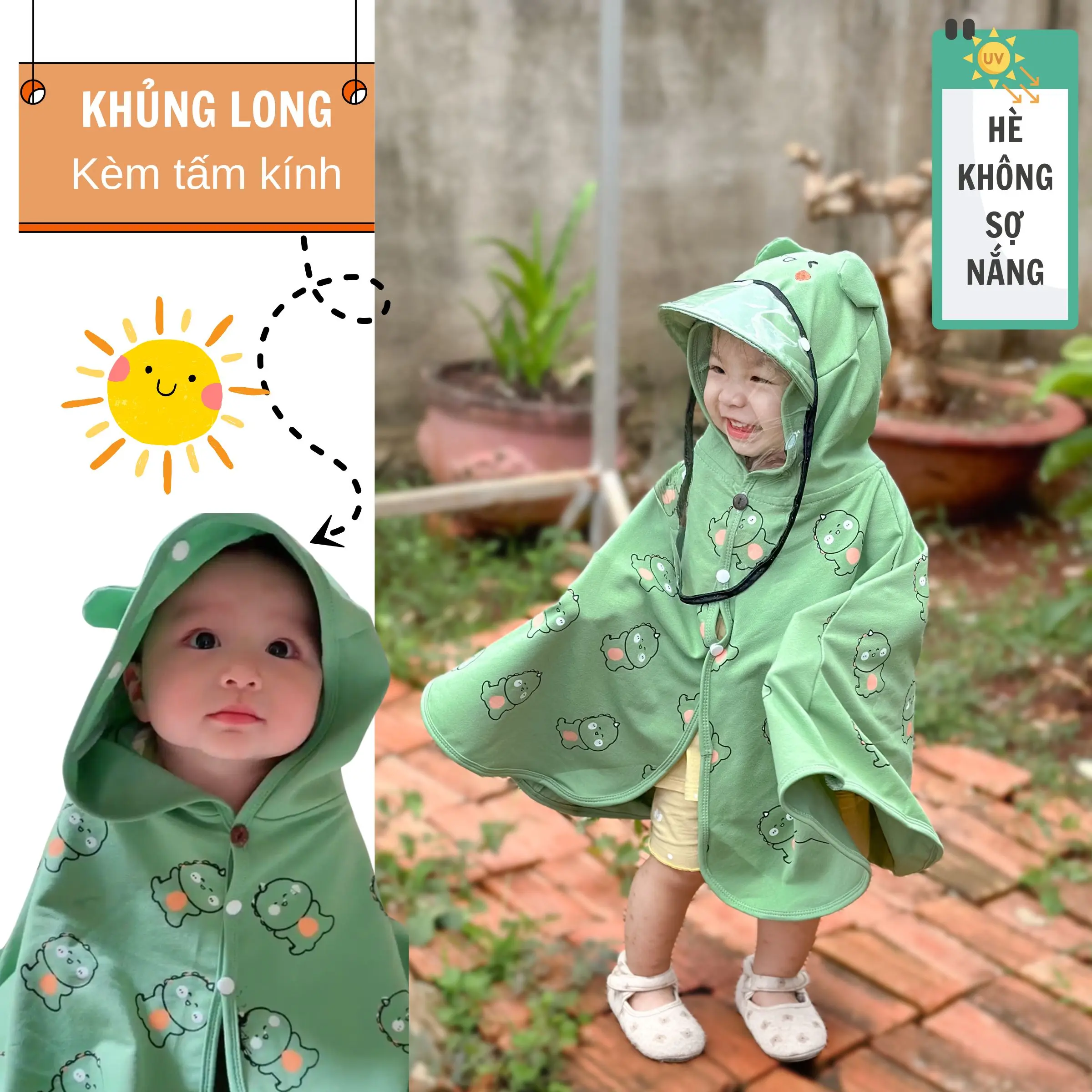 Áo chống nắng cho bé có tấm chắn giọt bắn chống bụi họa tiết Khủng Long chất vải Cotton da cá mềm mại cho bé (6-18kg) thấm hút mồ hôi an toàn cho da bé kiểu dáng tiện lợi dễ sử dụng - Chebokids