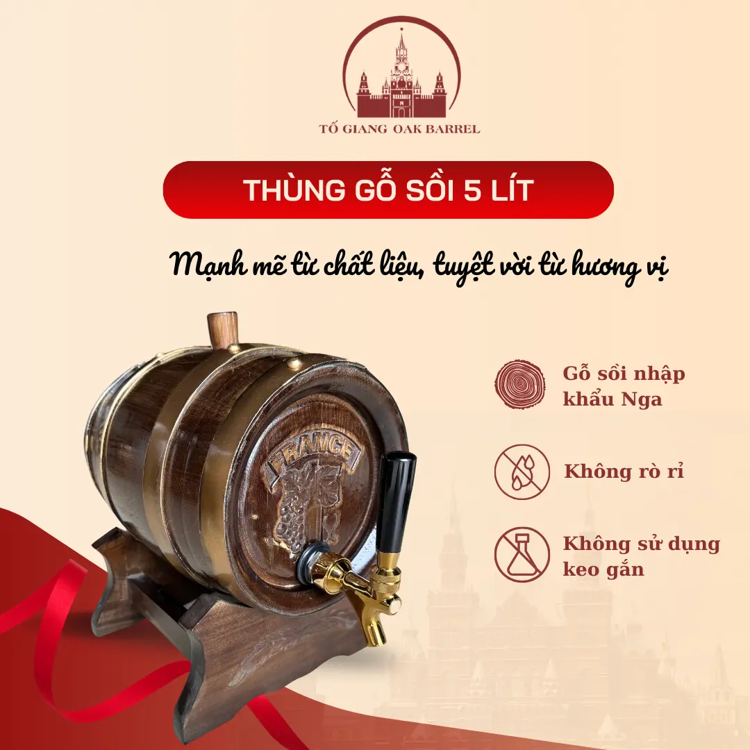THÙNG GỖ SỒI 5 LÍT VÒI CROM MÀU GIẢ CỔ CAO CẤP - BÌNH GỖ SỒI