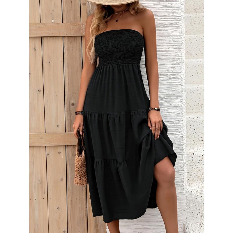 Elegant Off-Shoulder Tiered Dress - Solid Color, Shirred Waist, Machine Washable - Perfect for Spring/Summer 3