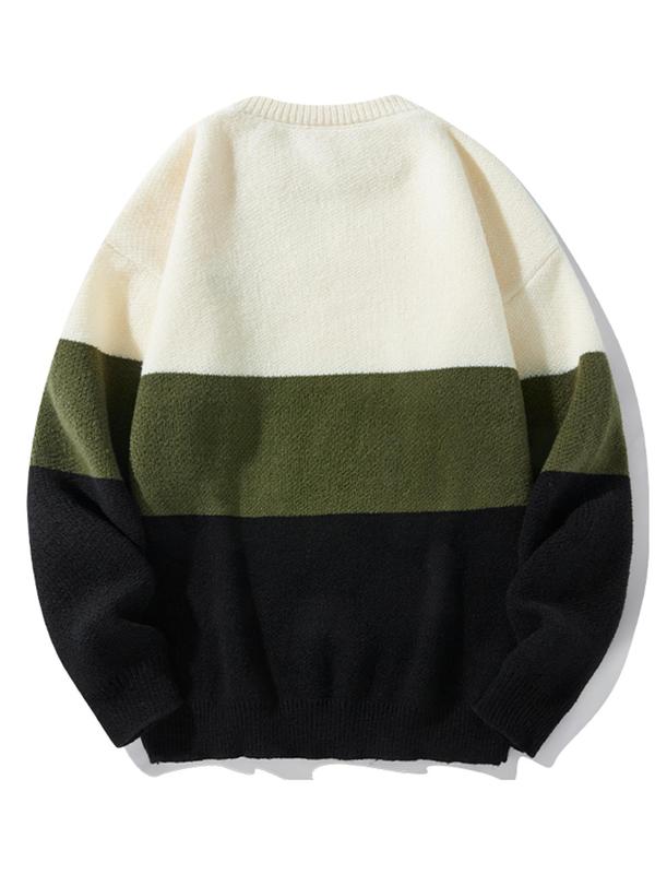 Unisex Men's Loose Colorblock Striped Print Drop Shoulder Crew Neck Sweater, Casual Long Sleeve Round Neck Jumper Tops for Fall & Winter, Menswear 5