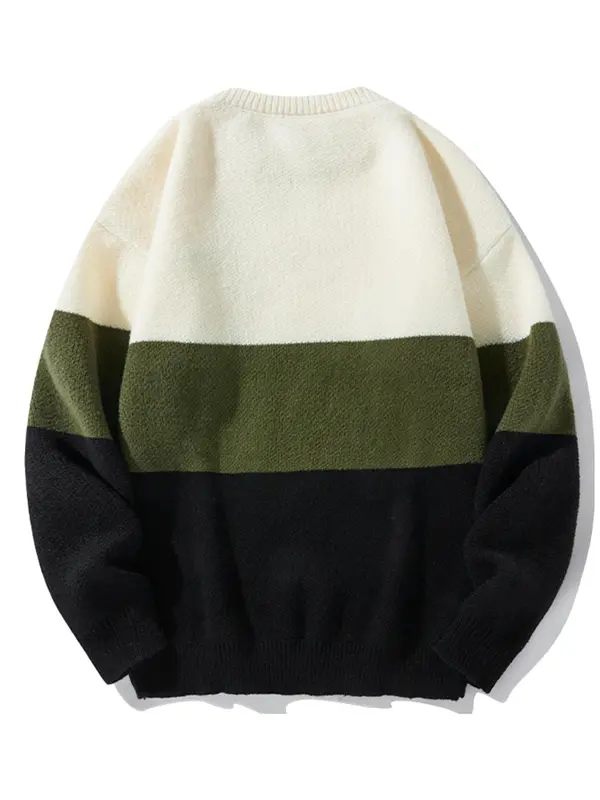 Unisex Men's Loose Colorblock Striped Print Drop Shoulder Crew Neck Sweater, Casual Long Sleeve Round Neck Jumper Tops for Fall & Winter, Menswear 5