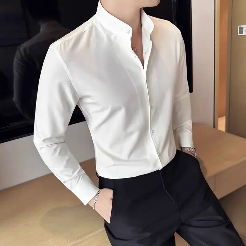Áo sơ mi nam dài tay cổ tàu chất vải lụa hàn cao cấp chống nhăn