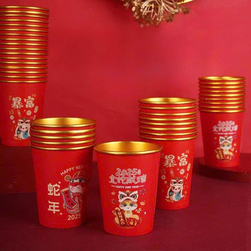 Sét 50 cốc giấy họa tiết đón tết 2025, set cốc giấy dùng 1 lần tiện lợi dễ dàng sử dụng.