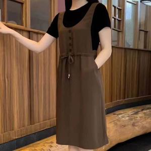 Fake Two Piece Fashion Age Reduction Dress Korean New Style Short Sleeve Foreign Flavour Tops Round Neck Internet celebrity Middle Age Mother Suspender Dresses Women
