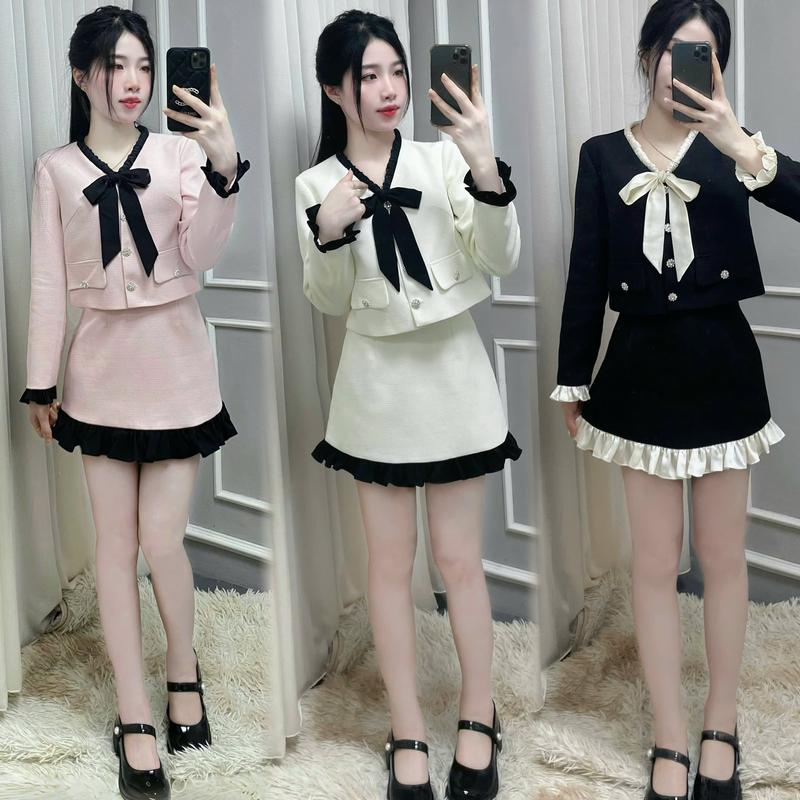 KangStudio - M065 Set váy dạ áo cổ nơ + chân váy A phối bèo tiểu thư sang chảnh