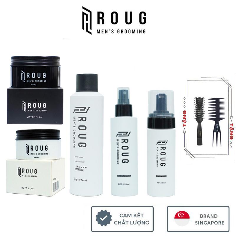 Sáp vuốt tóc nam Roug Matte, Matt Clay 90gr, Gôm xịt tóc nam nữ Roug Hair Spray 250ml, Xịt tạo phồng tóc Roug Sea Salt Spray 150ml, Bọt tạo kiểu phồng Roug Mousse 150ml cao cấp + Tặng lược Texture Roug Men's Grooming và Lược sấy Chaoba