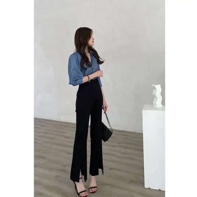 QUẦN ỐNG LOE XẺ GẤU TRƯỚC CẠP CAO TÔN DÁNG MÀU ĐEN  Nữ Pants Đen Women 5