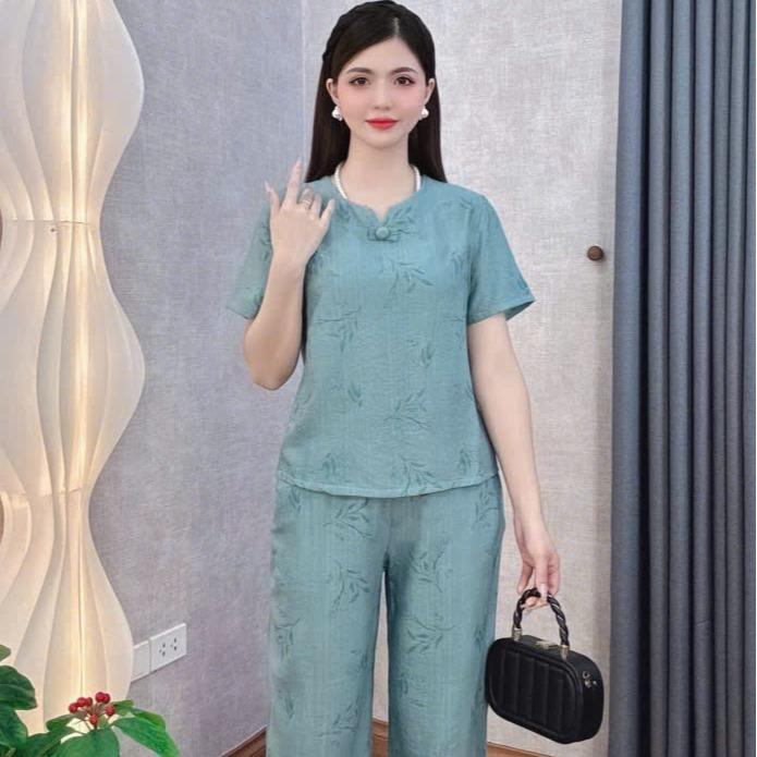 Bộ đồ trung niên, Đồ bộ mặc nhà B35 Loudra shop (jolle) đồ bộ mặc nhà quần dài áo cộc hàng đũi tơ, co giãn nhẹ mát, mềm mịn Có hoa Sen Xanh Top Nữ Women