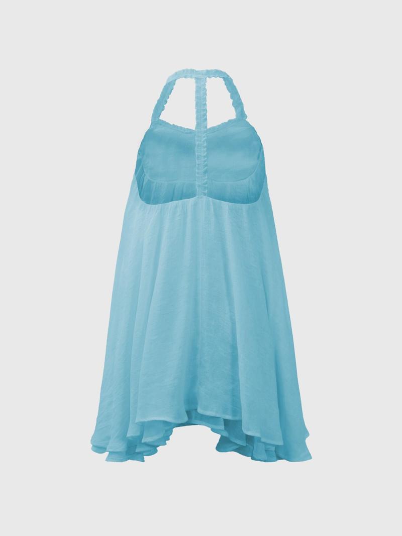 Product Introduction of Women's Solid Color Frill Trim Halter Neck Layered Dress, Loose Casual Comfy Backless Sleeveless Short Dress for Summer, Ladies Clothes for Daily Wear 8