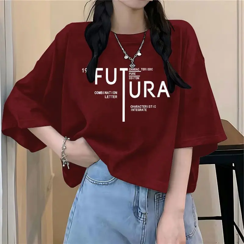 Áo Thun Nữ, In Hình Ins Màu Đỏ Rượu Vang Dễ Thương Và Gợi Cảm, Ngắn Nhỏ, Cạp Cao, Thời Trang, Tay Ngắn, Tay Lửng Hợp Xu hướng Hàng Mới Về