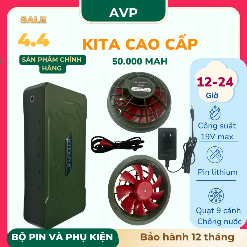 Bộ Phụ Kiện Cao Cấp KITA.OA 50000 mAH 19 V. Quạt 9 cánh không chổi than chống nước . Chạy trên 12 h với số max 0