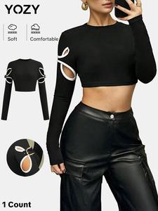 YOZY Women's Long Sleeve Tee, Y2K Trendy Casual Crew Neck T-shirt for Daily Wear, Ladies Summer Clothes