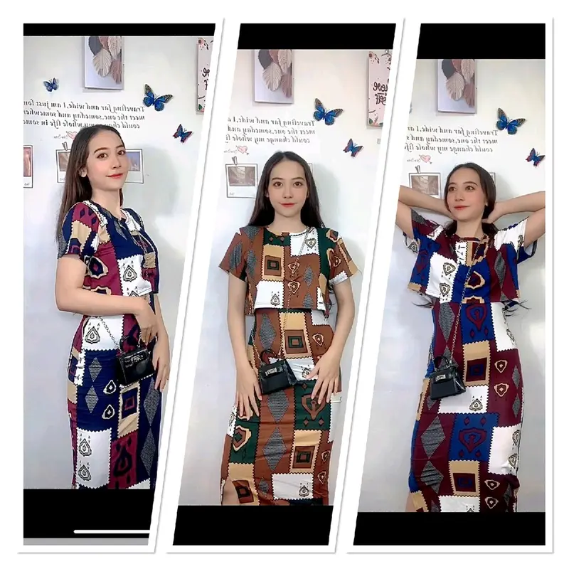 One set atasan Crop top dan rok Span motif Etnik Karet Panjang Printing Rayon Setelan Lengan pendek Lengan pendek 2