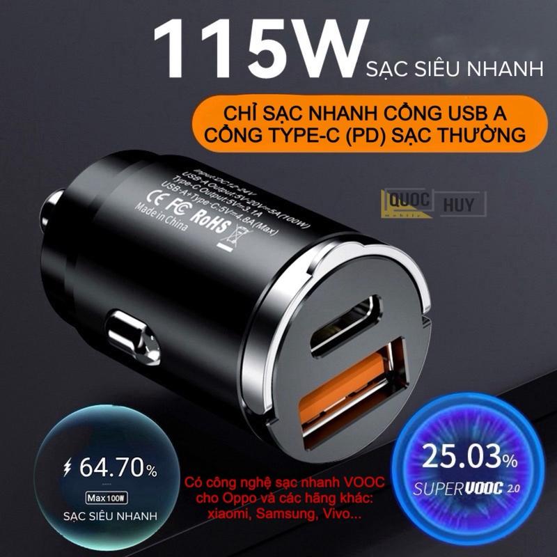 Tẩu sạc nhanh xe hơi, xe tải 12v-24v 2 cổng 115w có chức năng sạc nhanh cổng USB-A có công nghệ sạc nhanh Vooc = Oppo, Power 115w=Xiaomi, Cổng Type-C sạc bình thường