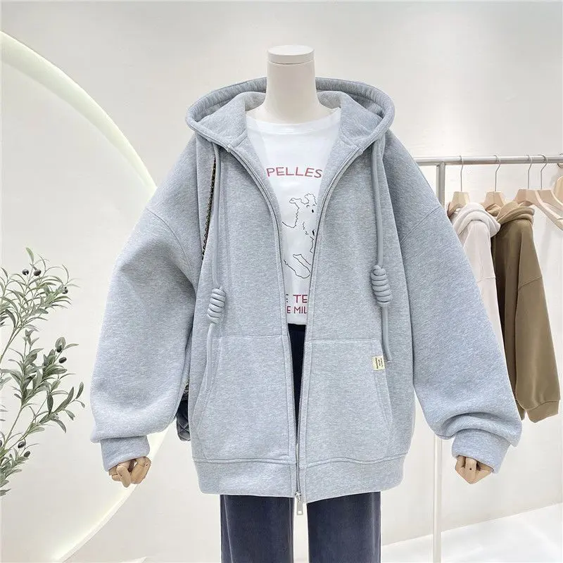 Áo Khoác Có Mũ Trùm Đầu, Áo Len Cardigan Lông Cừu, Dành Cho Nữ, Phong Cách Hàn Quốc, Phong Cách Lười Biếng, Dáng Rộng Vừa Vặn, Có Khóa Kéo, Thường Ngày, Dày Dặn, Áo Khoác Ấm Áp, Thích Hợp Cho Mùa Thu Và Mùa Đông