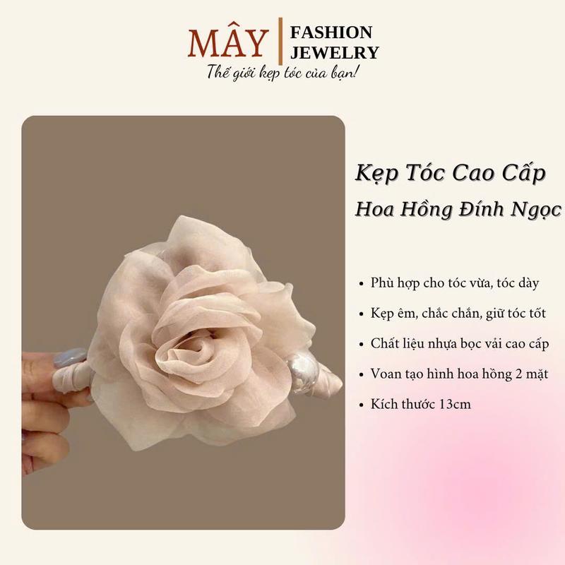 Kẹp Tóc Bọc Lụa Thiết Kế Hoa Hồng Voan Đính Ngọc • Mây Fashion Jewelry - K325.09