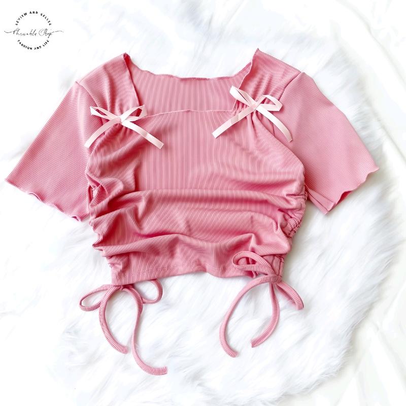 Áo Thun Nữ Kiểu Viền Bèo Cổ Vuông Tay Ngắn Rút Dây 2 Bên Hông Women Top Cổ Vuông Cổ Tròn Sơ Mi Voan Jean