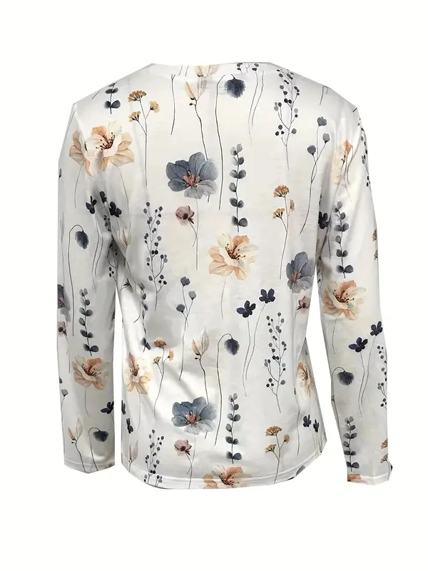 Women's Floral Print Long Sleeve Tee, Vintage Graphic Tee, 2024 Trendy Ladies Clothes, Casual Elegant Round Neck T-Shirt For Spring & Fall, Women's Top For Daily Vacation Wear 1
