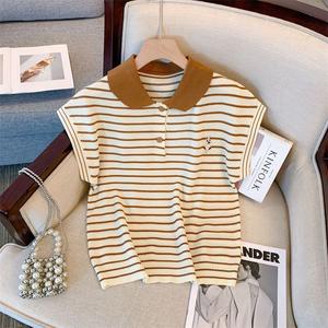 Sweet Ice Silk Short Sleeve Color Block Summer Striped Knit Top Embroidered Loose Polo Shirt for Outerwear
