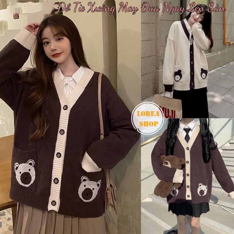 Áo Khoác Cardigan Trắng Nâu Túi Gấu Nữ form rộng xinh xắn chất liệu Nỉ Bông Top
