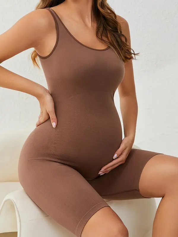 Women's Solid Backless Scoop Neck Maternity Romper, Pregnancy Bodysuit for All Seasons, Tummy Tuck Garment, Prenatal Maternity Clothes for Pregnant Women 2