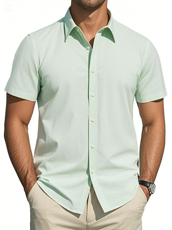 Men's Regular Fit Solid Short Sleeve Shirt, Casual Button Down Collared Top for Summer, Fashion Men's Clothes for Daily Wear 1