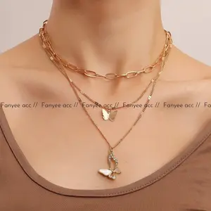 【Fanyee】Warna-warni multi-layered paper loop micro-inlaid berlian induk-mutiara kupu-kupu liontin kalung wanita Q937