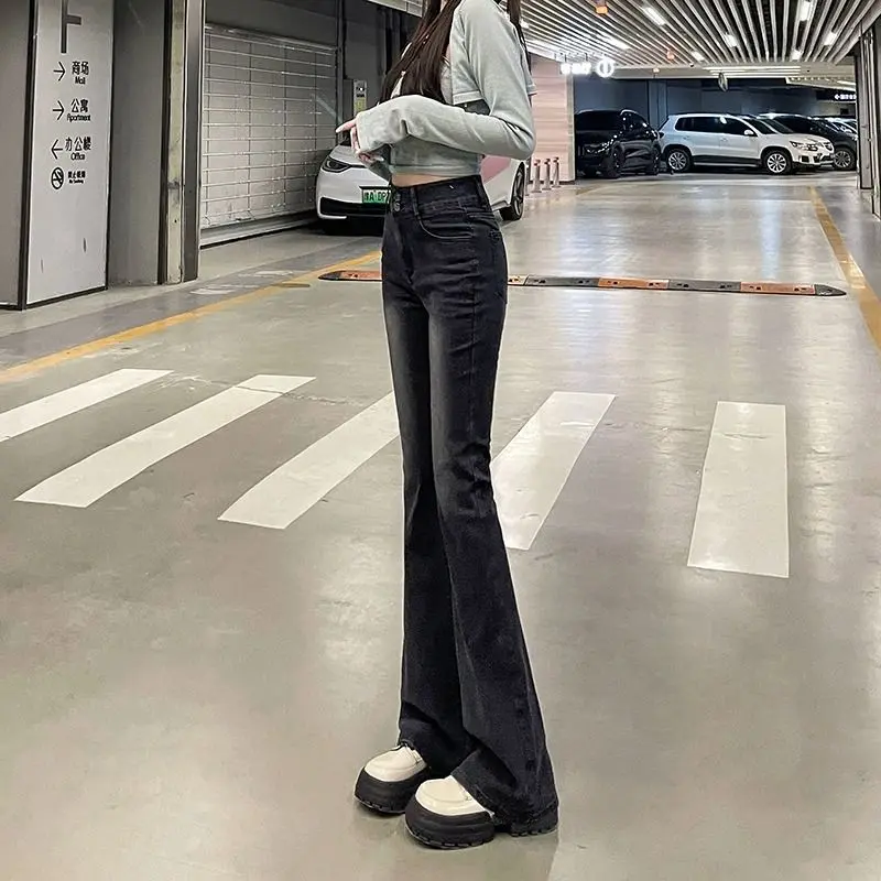 Quần Jean Bootcut Cạp Cao Màu Xám Đen, Dành Cho Nữ, Bộ Sưu Tập Xuân Thu, Hàng Mới Về Cho Mùa Thu / Đông, Ôm Sát, Quần Legging Dễ Phối Đồ Ins, Năm 2024 Women Lưng Cao Pants 2