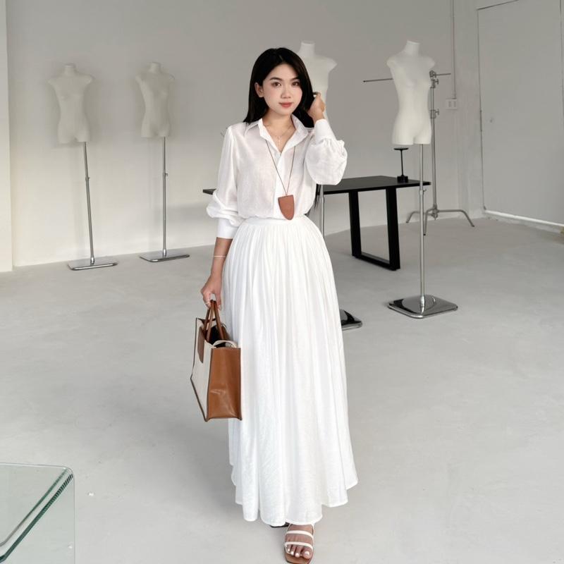 Livar Set | Set chân váy nhún áo tay bồng chất lụa tơ mềm mại Dens.clothing